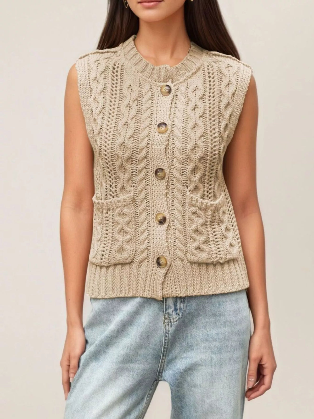 Cable-knit Button-down Sweater Vest (2)