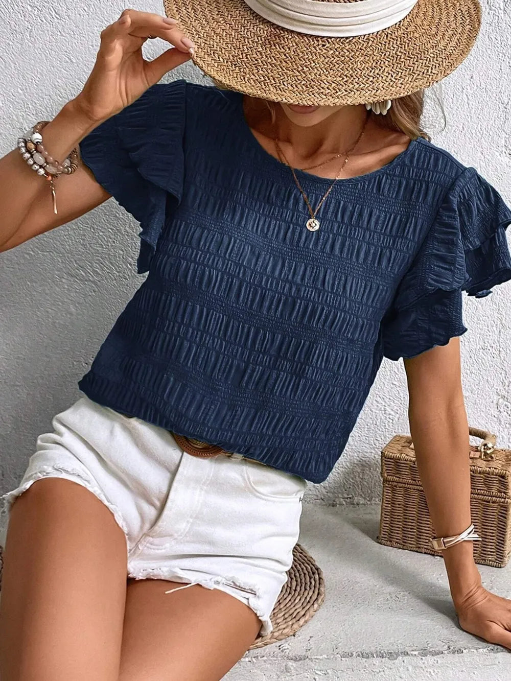 Round Neck Flounce Sleeve Blouse (14)