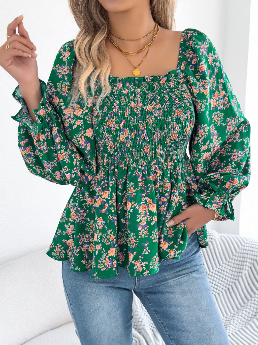 Floral Square Neck Flounce Sleeve Blouse (8)