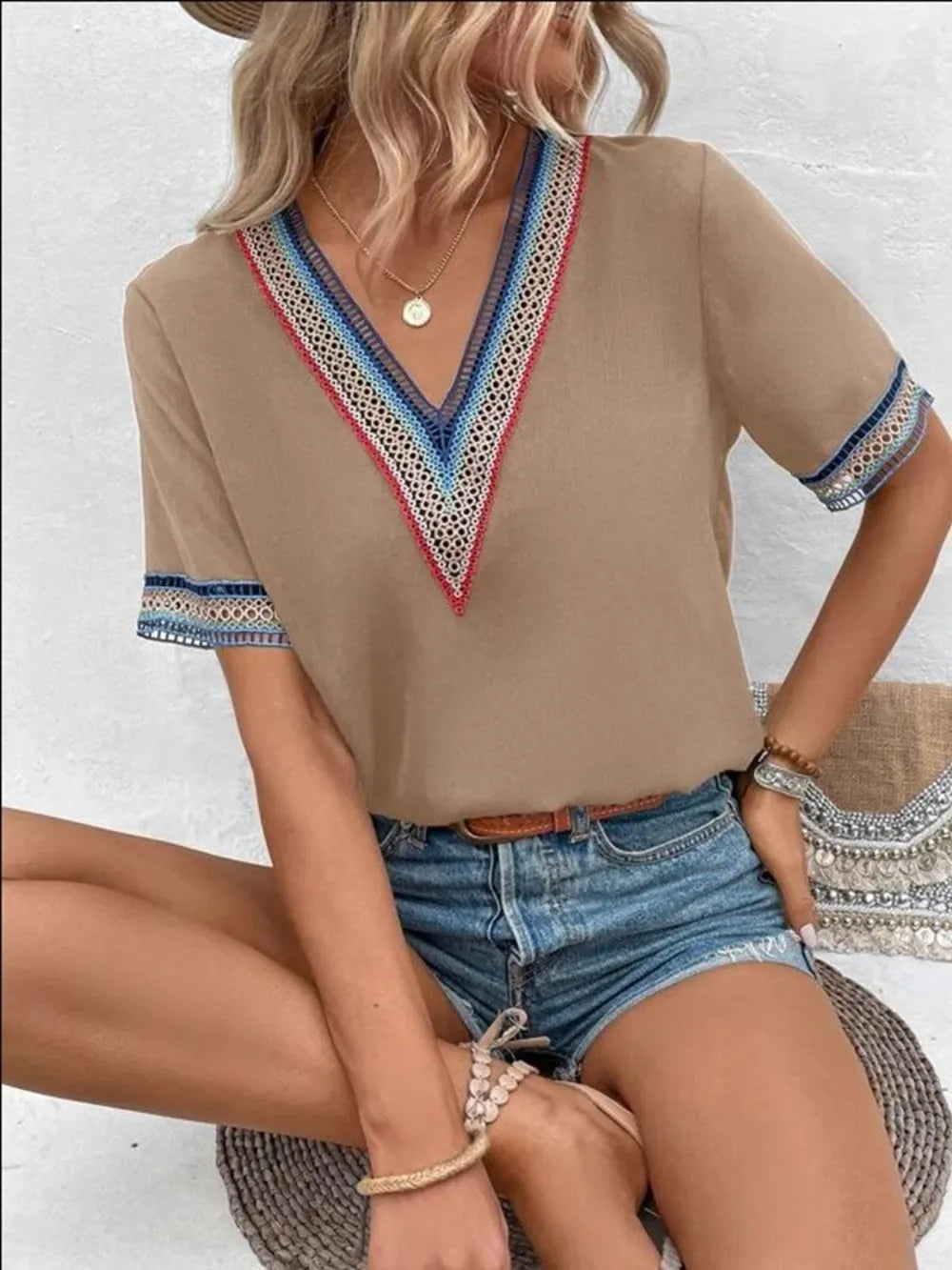 Full Size V-neck Short Sleeve Blouse (18)