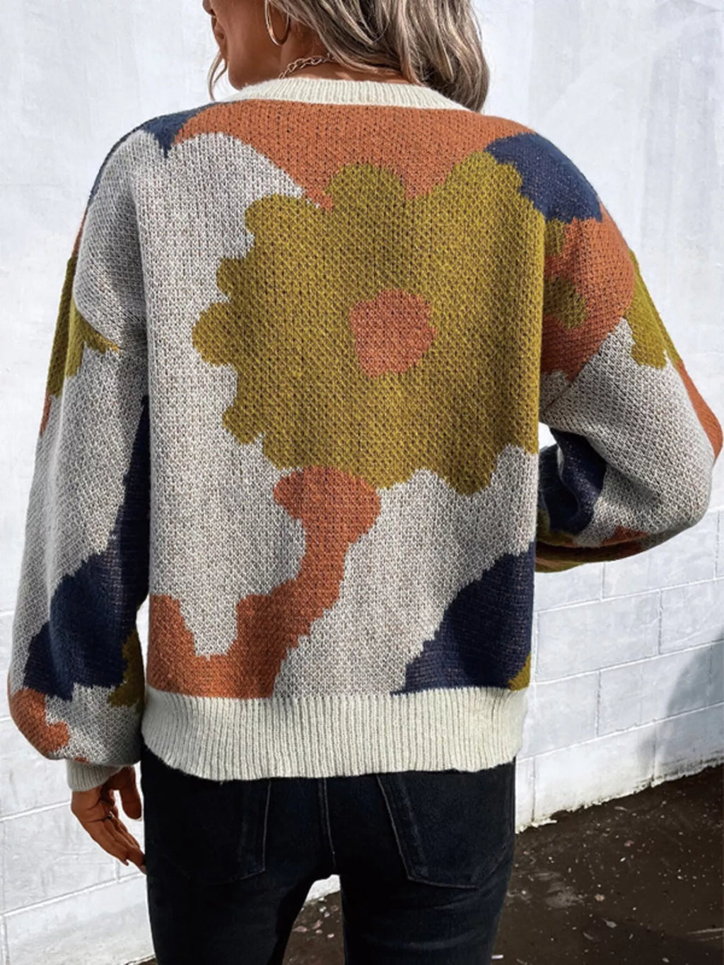 Floral Pattern Round Neck Sweater (5)