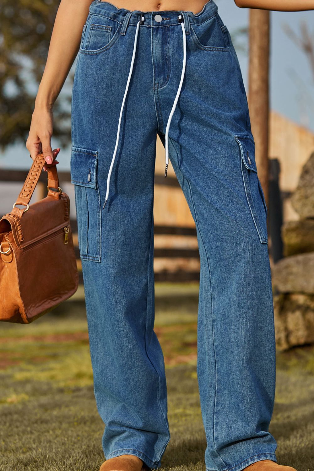 Loose Fit Drawstring Jeans Pocket