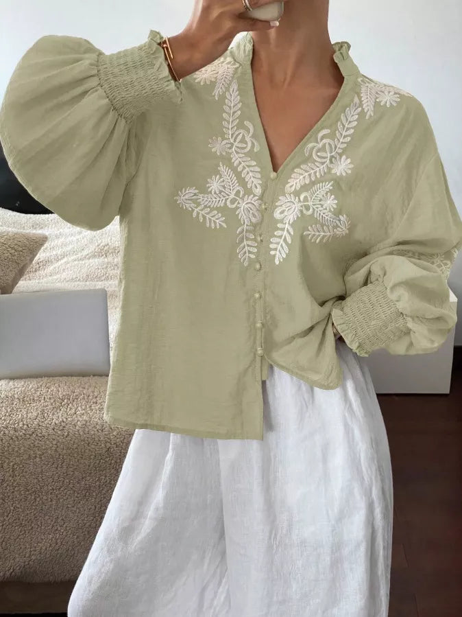 Embroidered Notched Long Sleeve Blouse (12)