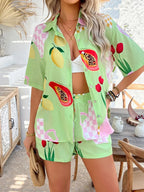 Printed Button Down Shirt Shorts Set (26)