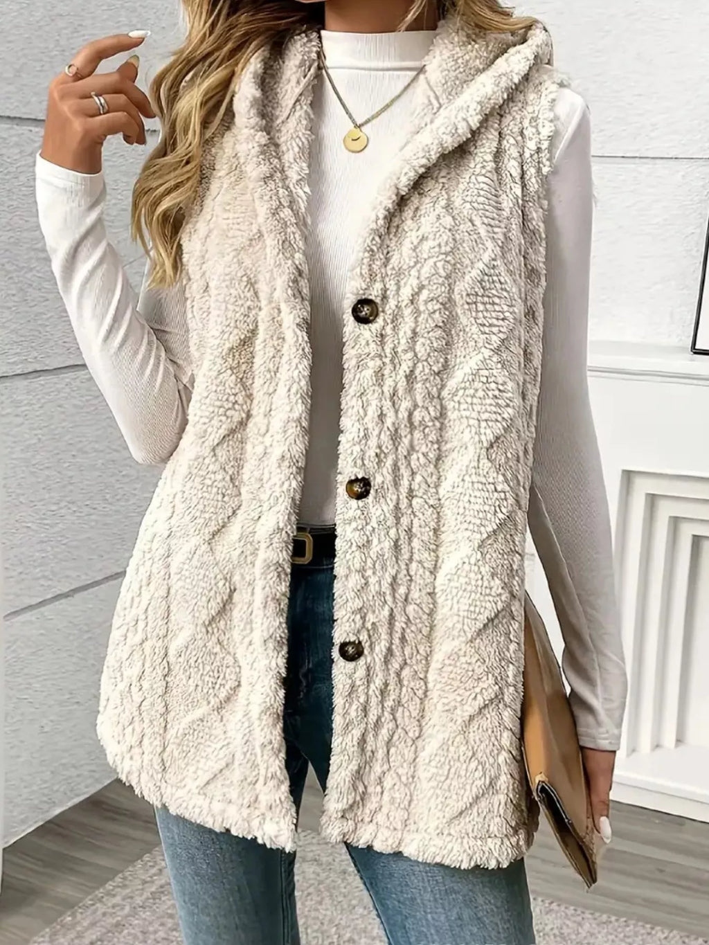 Hooded Button-up Sherpa Vest Coat (5)
