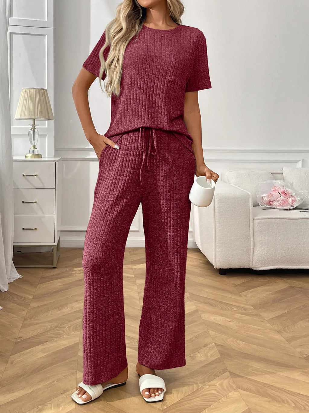 Ribbed Knit Short Sleeve Top Pants Lounge Set (12)