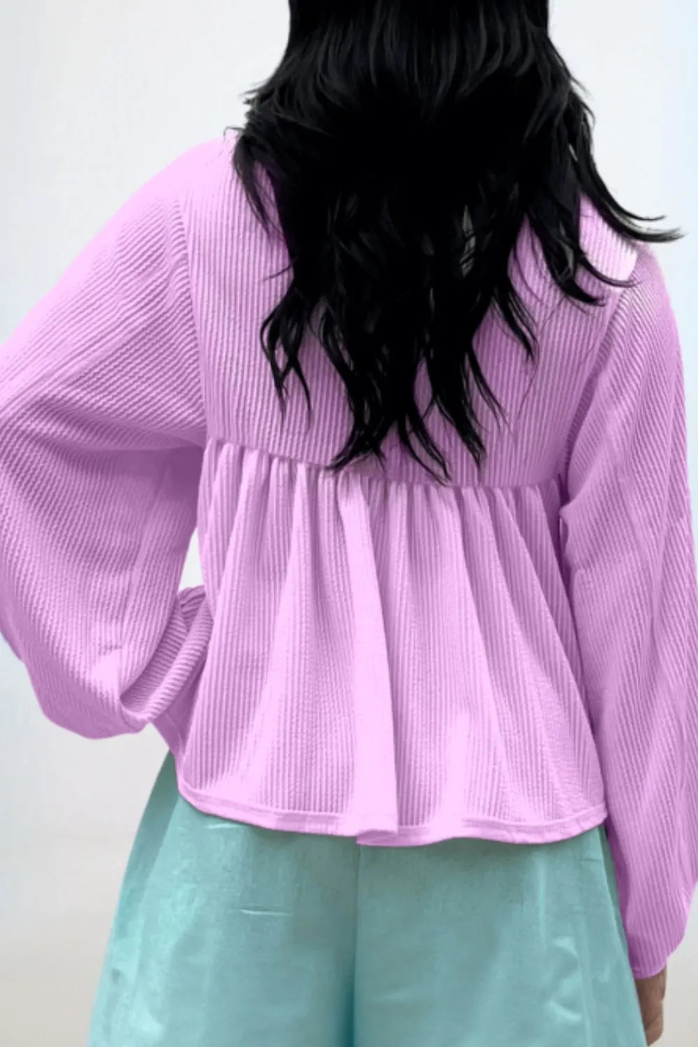 Corded Johnny Collar Long Sleeve Babydoll Blouse (5)