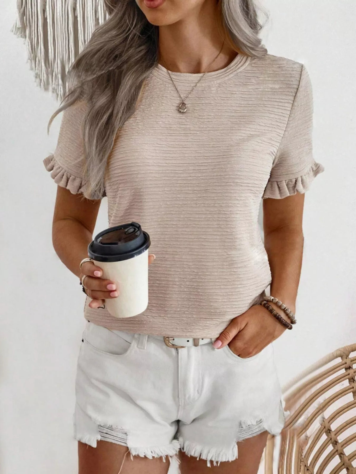 Textured Ruffle Sleeve Round Neck T-shirt (17)