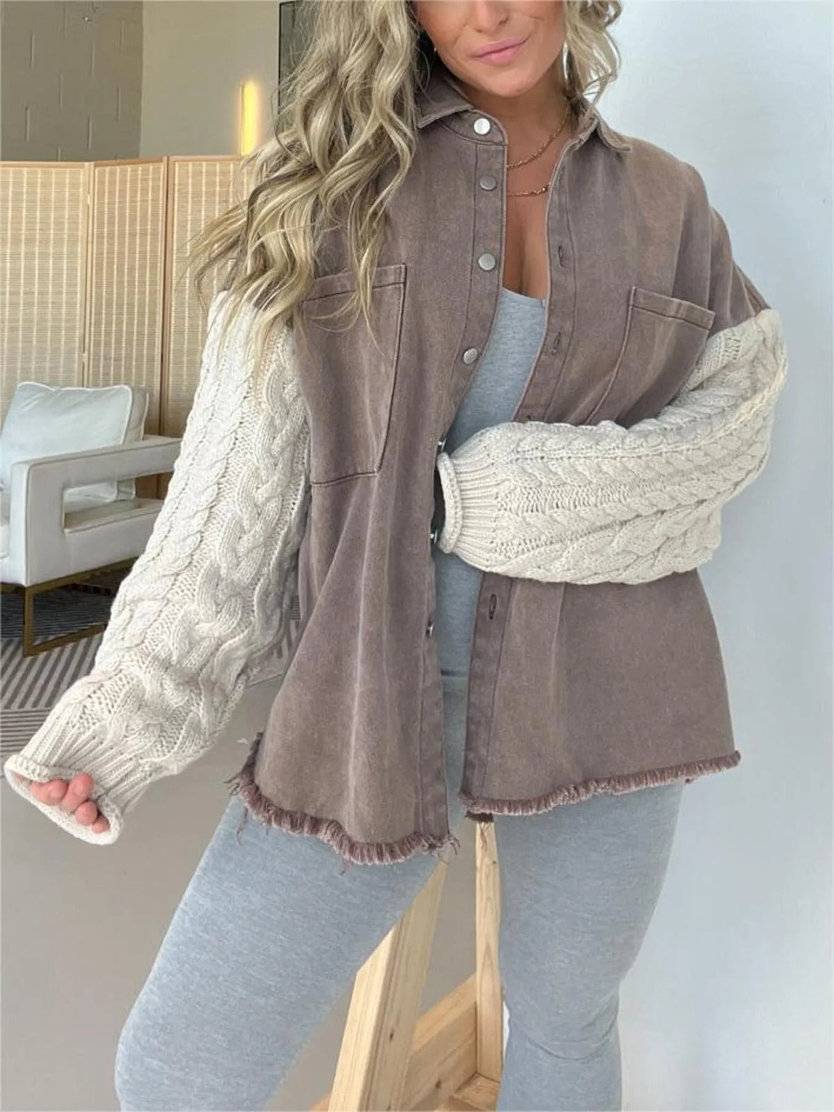 Full Size Raw Hem Button Up Patchwork Denim Jacket Plus (8)