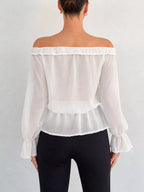 Off-shoulder Flounce Sleeve Chiffon Blouse (10)