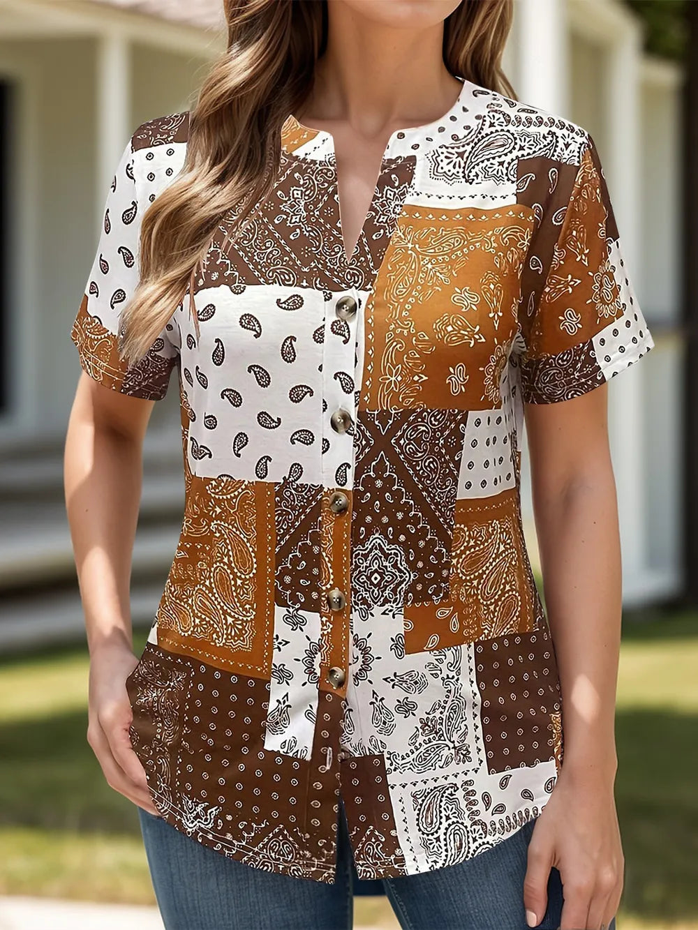 Printed Notched Short Sleeve Blouse (10)