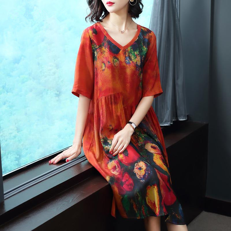Printed Silk Dress variant CJNSSYLY03941-Red-XXL|CJNSSYLY03941-Red-M|CJNSSYLY03941-Red-L|CJNSSYLY03941-Red-XL|CJNSSYLY03941-Red-5XL|CJNSSYLY03941-Red-4XL|CJNSSYLY03941-Red-3XL