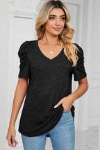 Heathered V-neck Puff Sleeve T-shirt (14)