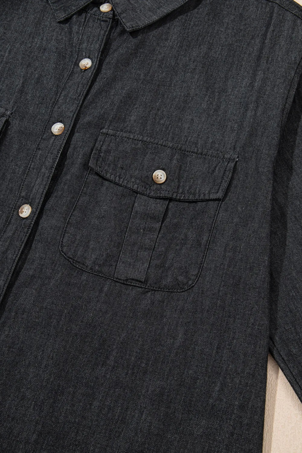 Pocketed Collared Neck Long Sleeve Denim Top (18)