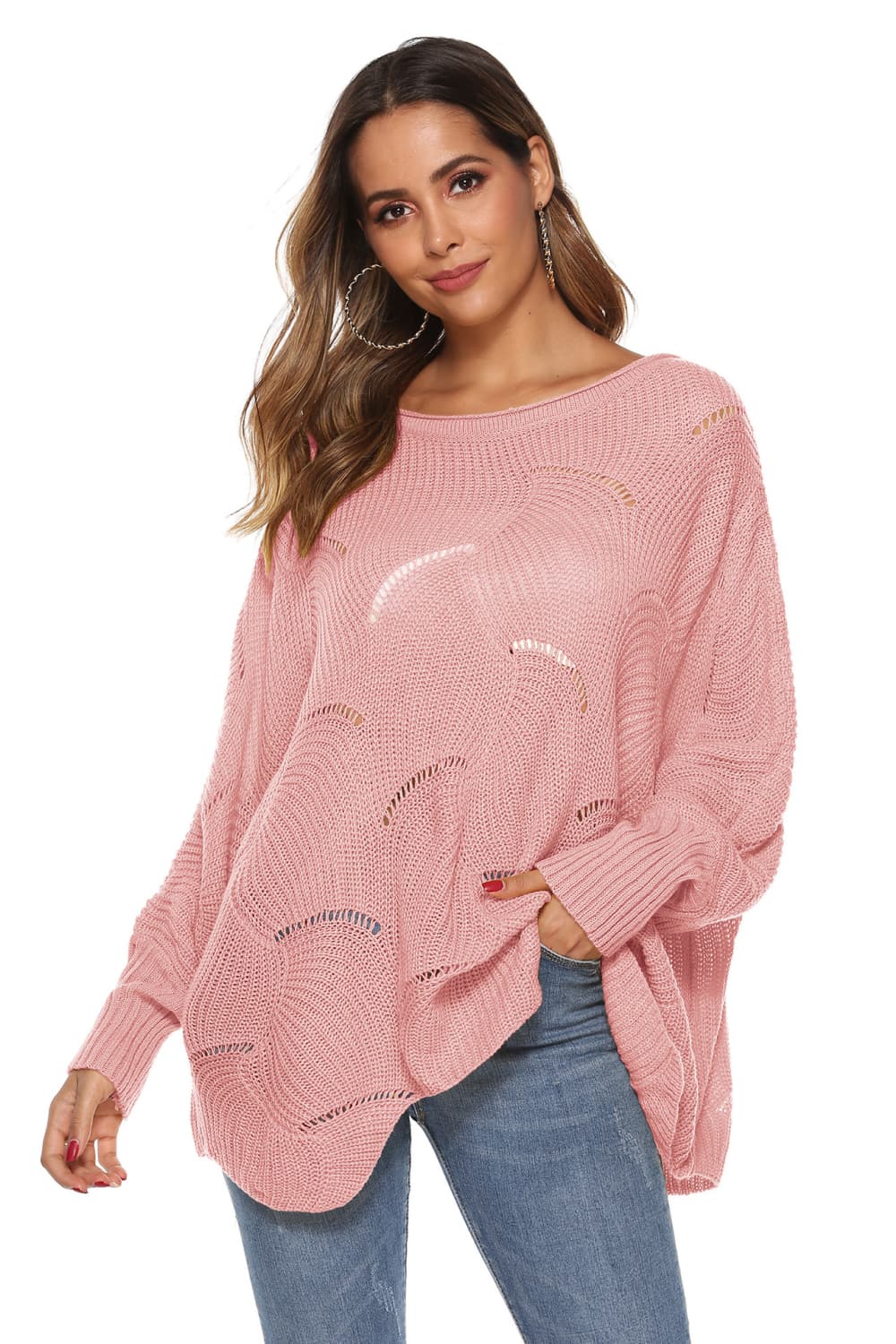 Round Neck Long Sleeve Openwork Sweater (11)