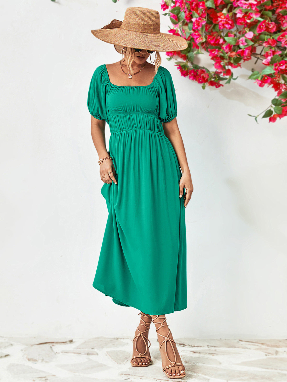 Off-shoulder Balloon Sleeve Midi Dress (5)