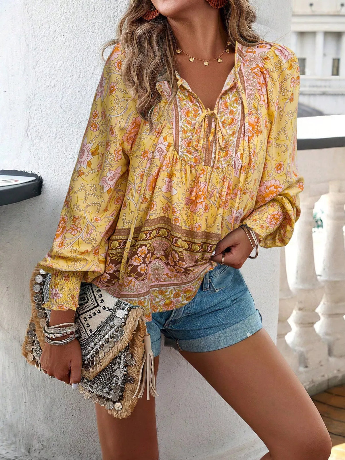 Floral Print Tie Neck Bohemian Blouse (19)