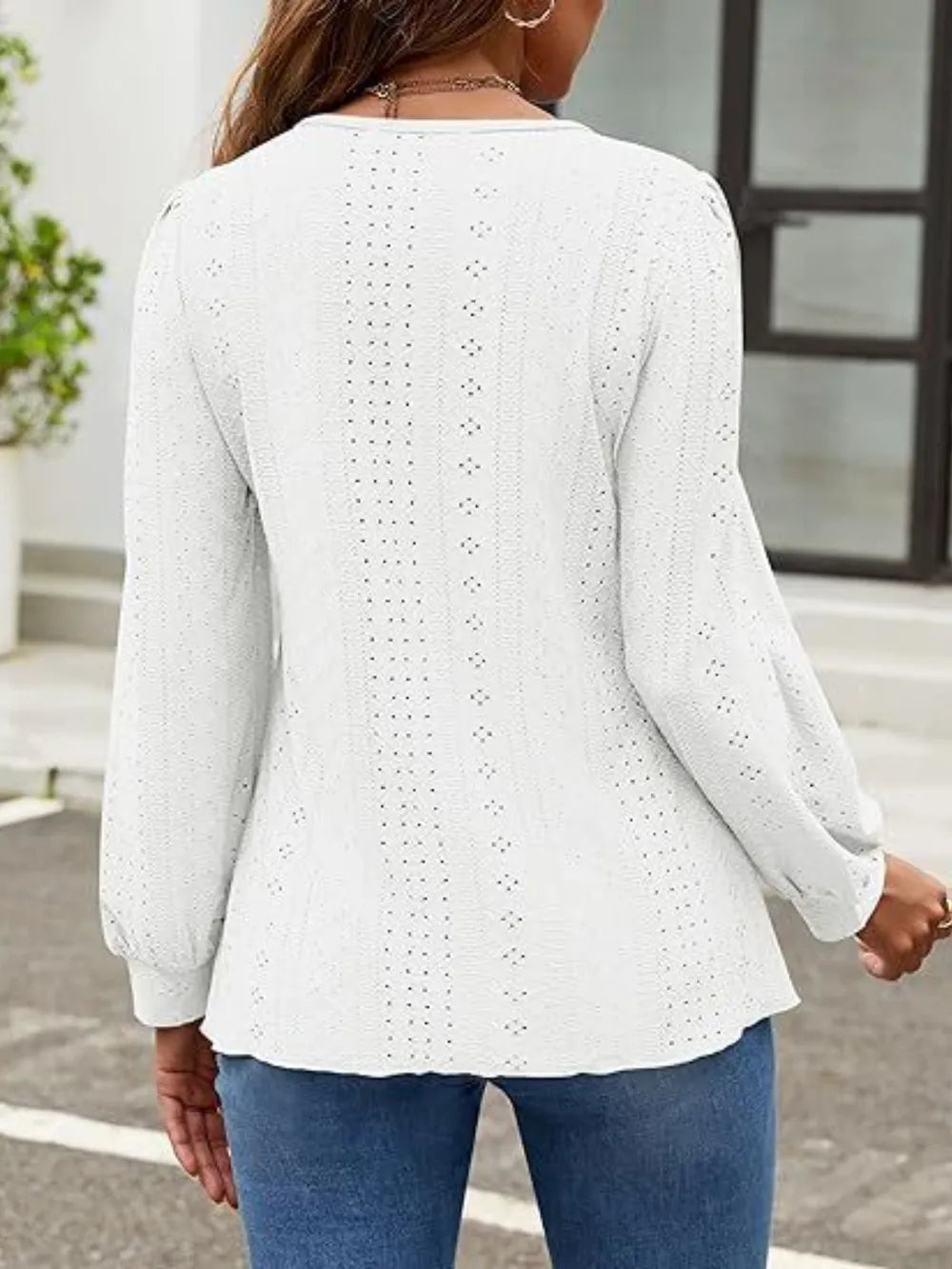 Eyelet Round Neck Long Sleeve Top (8)