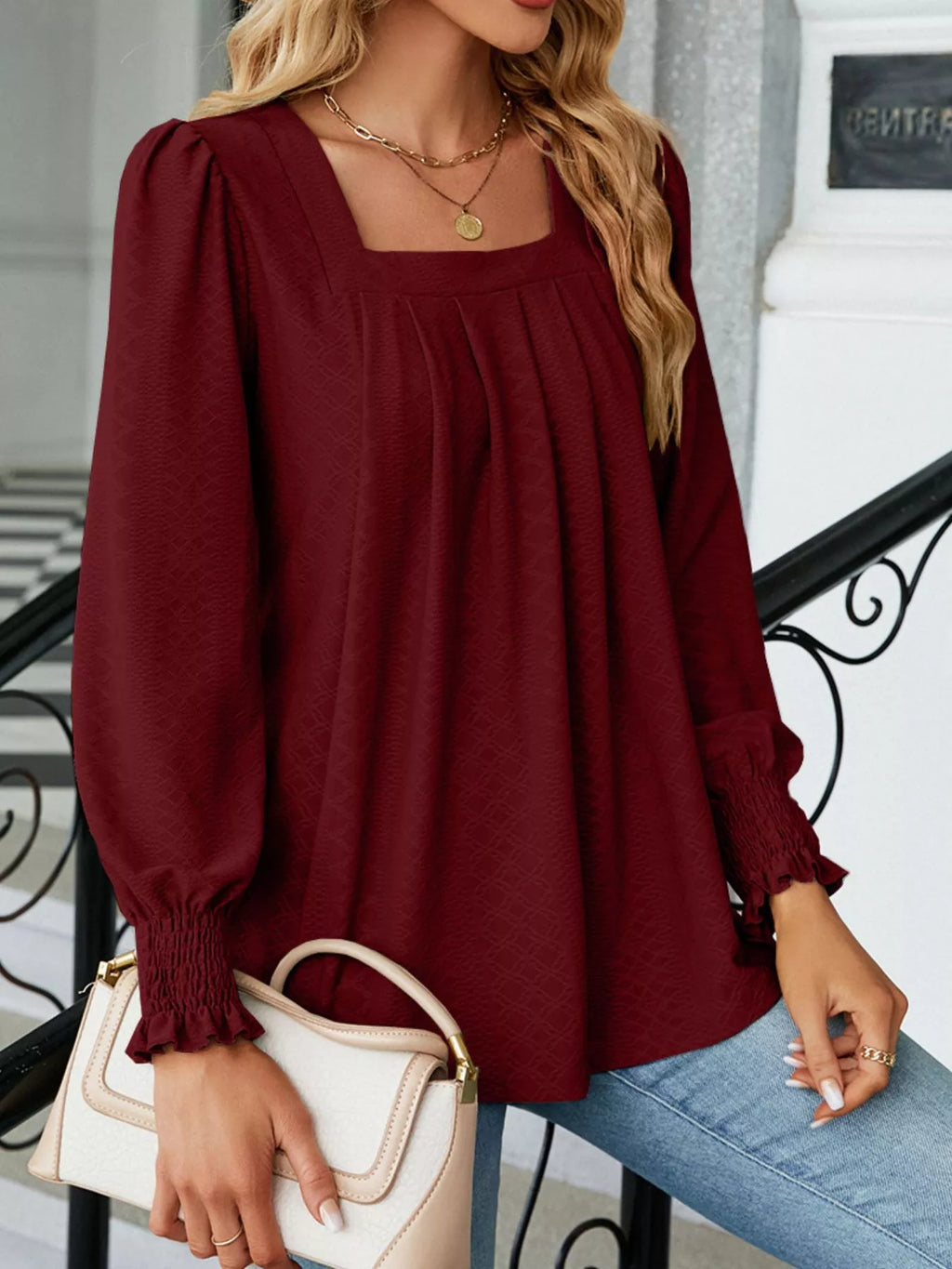 Pleated Square Neck Long Sleeve Top (10)