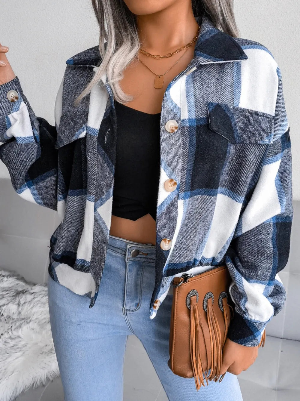 Plaid Collared Neck Long Sleeve Jacket (3)