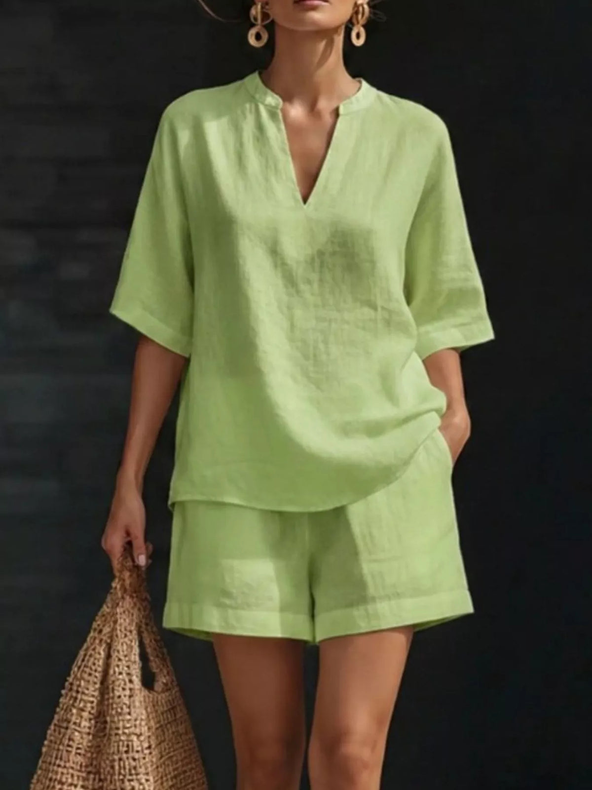 Notched Half Sleeve Top Shorts Set (4)