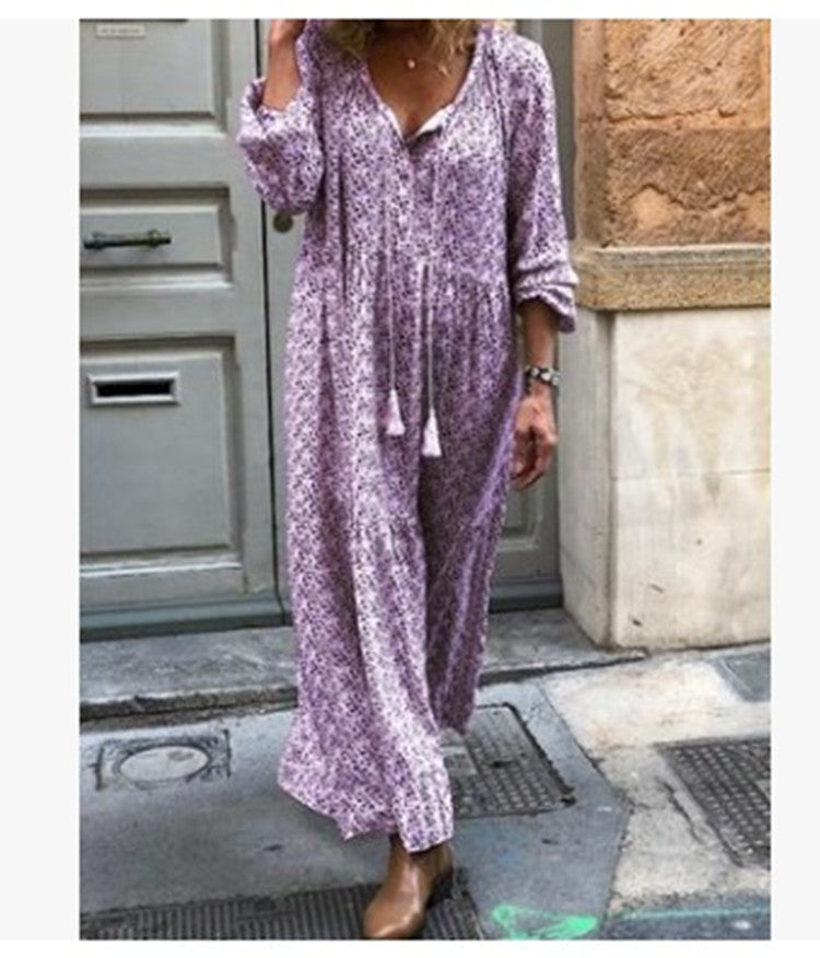 V-neck Print Maxi Dress variant CJNSSYLY06789-Purple-S|CJNSSYLY06789-Purple-M|CJNSSYLY06789-Purple-L|CJNSSYLY06789-Purple-XL|CJNSSYLY06789-Purple-XXL|CJNSSYLY06789-Purple-3XL|CJNSSYLY06789-Purple-4XL|CJNSSYLY06789-Purple-5XL