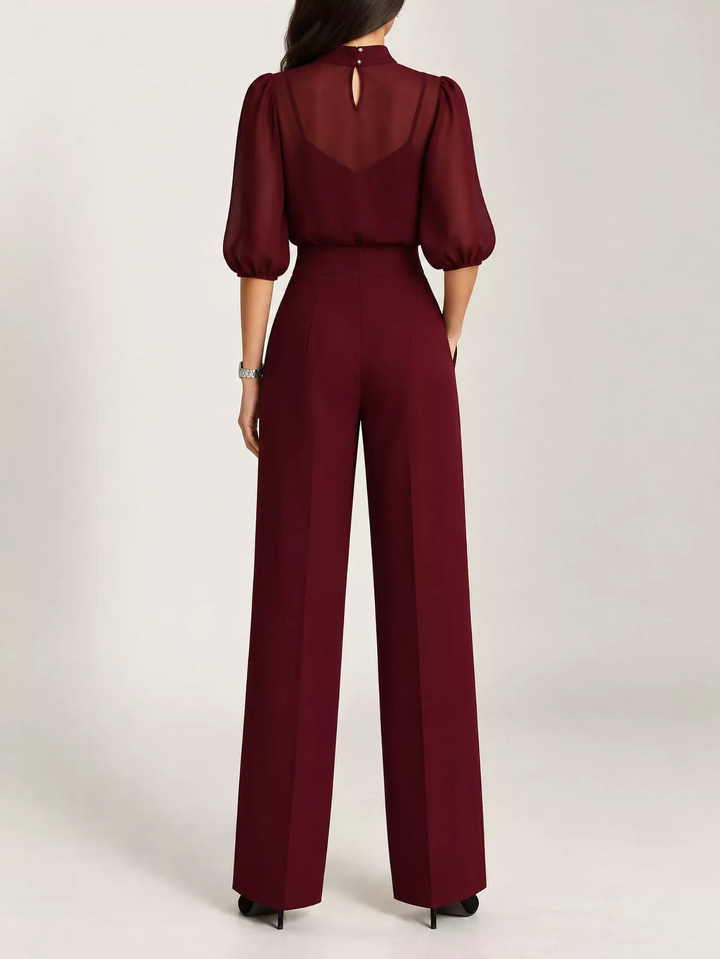Mock Neck Puff Sleeve Top Wide Leg Pants Set (7)