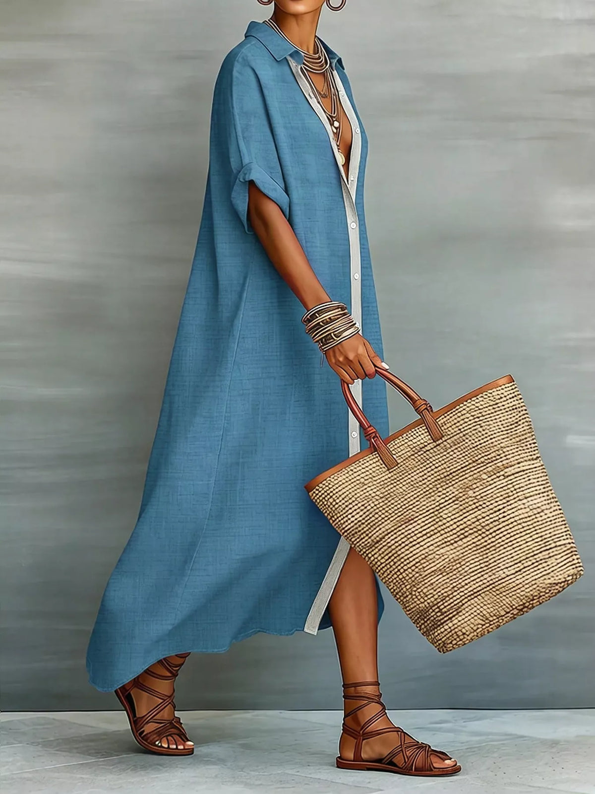 Casual Linen Shirt Dress Button-down Front (6)