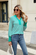 Contrast Striped Notched Long Sleeve Top (12)