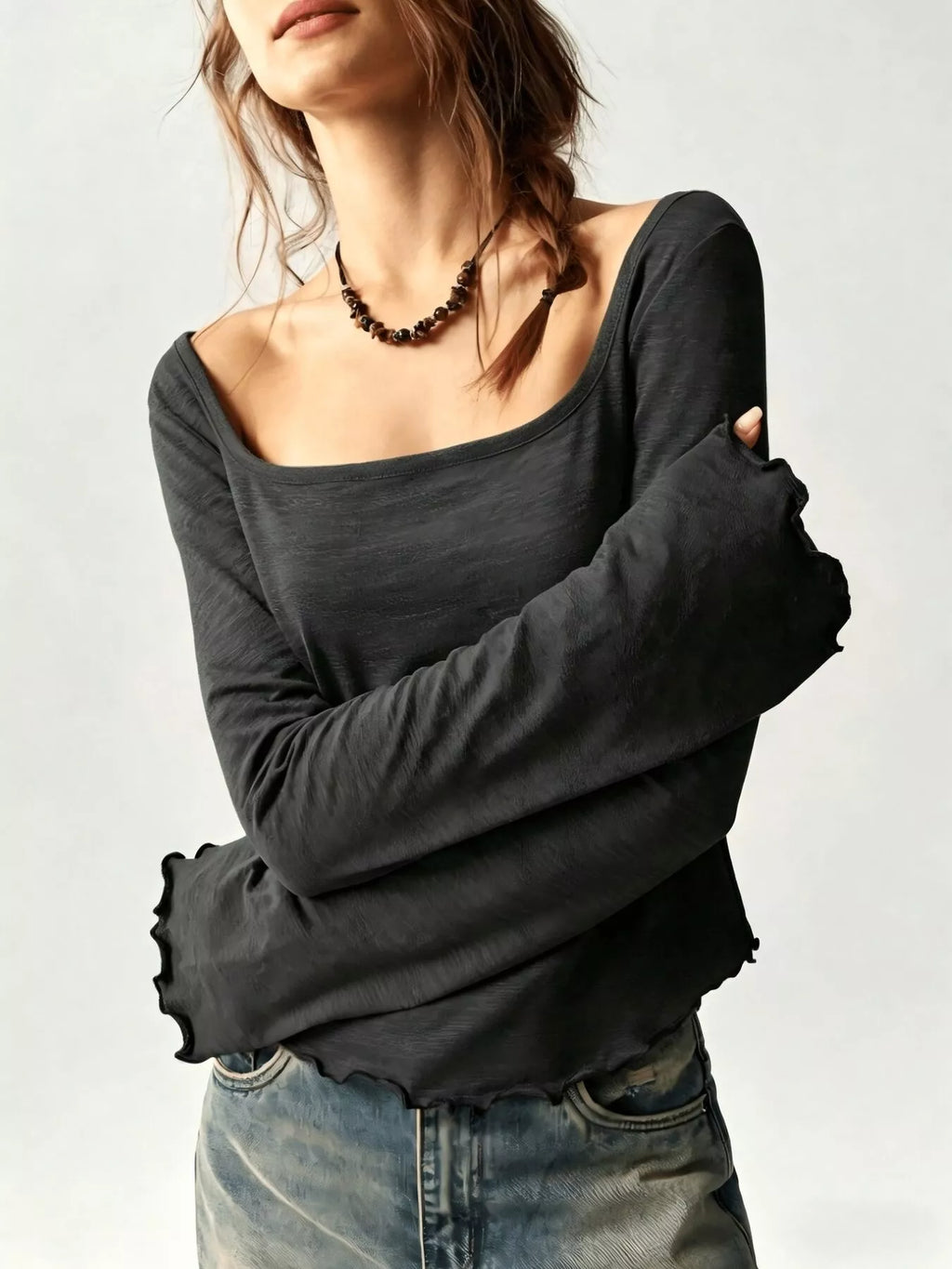 Long Sleeve Square Neck Slim-fit T-shirt (4)