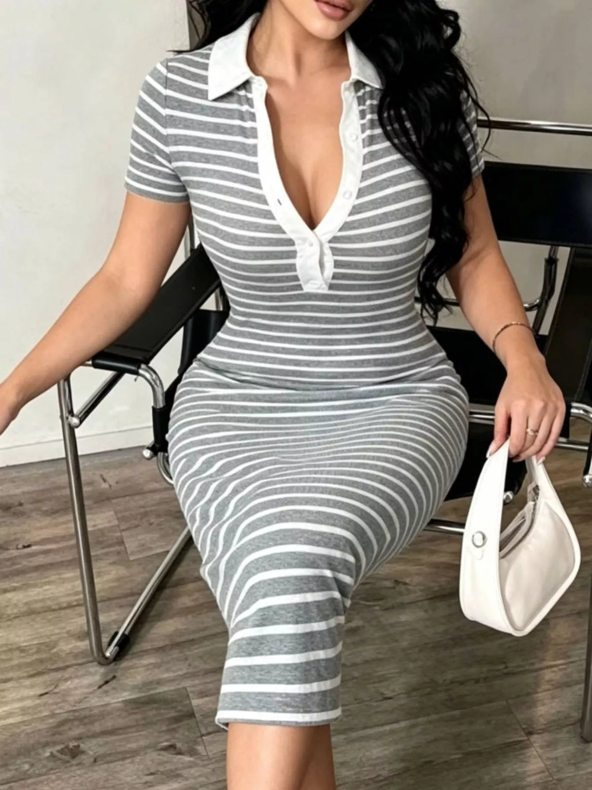 Striped Short Sleeve Bodycon Midi Dress (7)