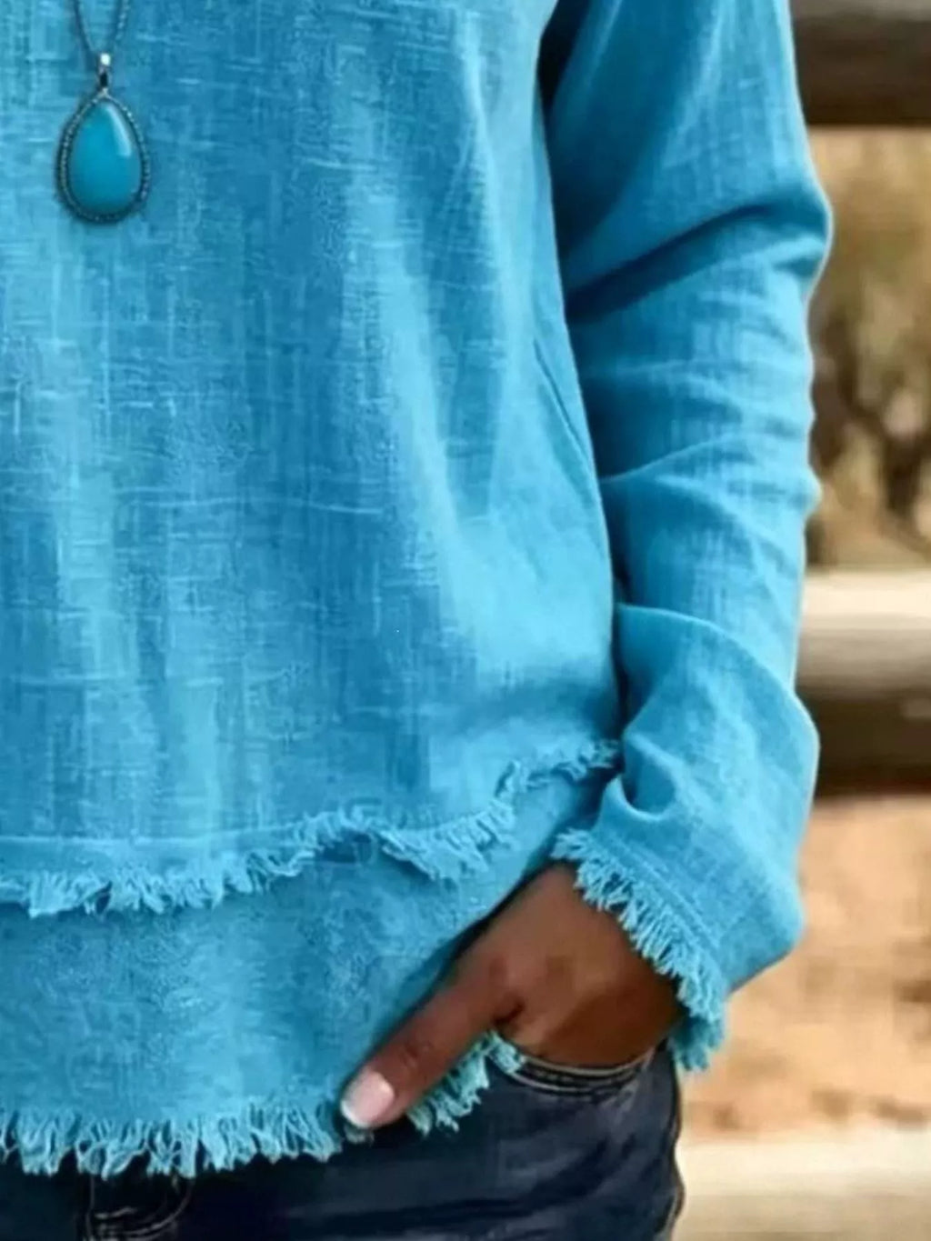 V-neck Long Sleeve Blouse Frayed Hem Detail (13)