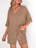 Solid Color V-neck Shorts Set