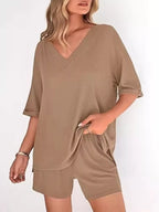 Solid Color V-neck Shorts Set
