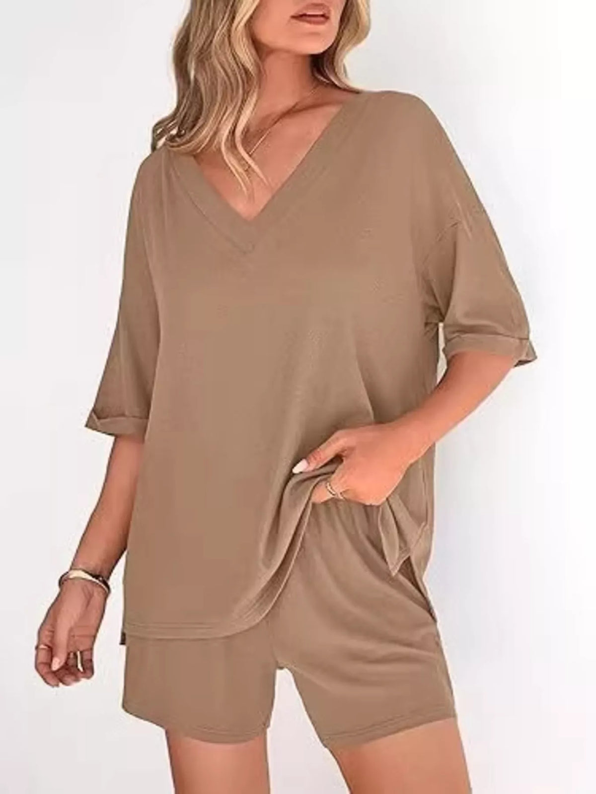 Solid Color V-neck Shorts Set