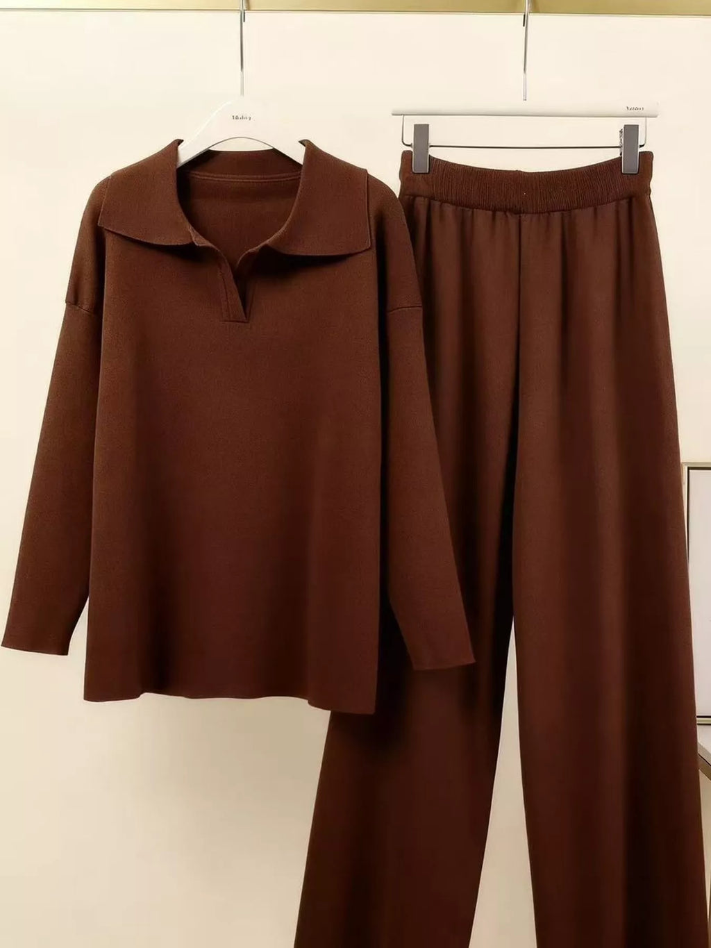 Polo Collar Top Wide-leg Pants Set (38)