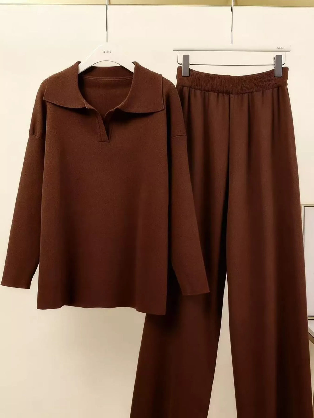 Polo Collar Top Wide-leg Pants Set (38)