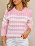 Striped Cable Knit Round Neck Sweater (13)