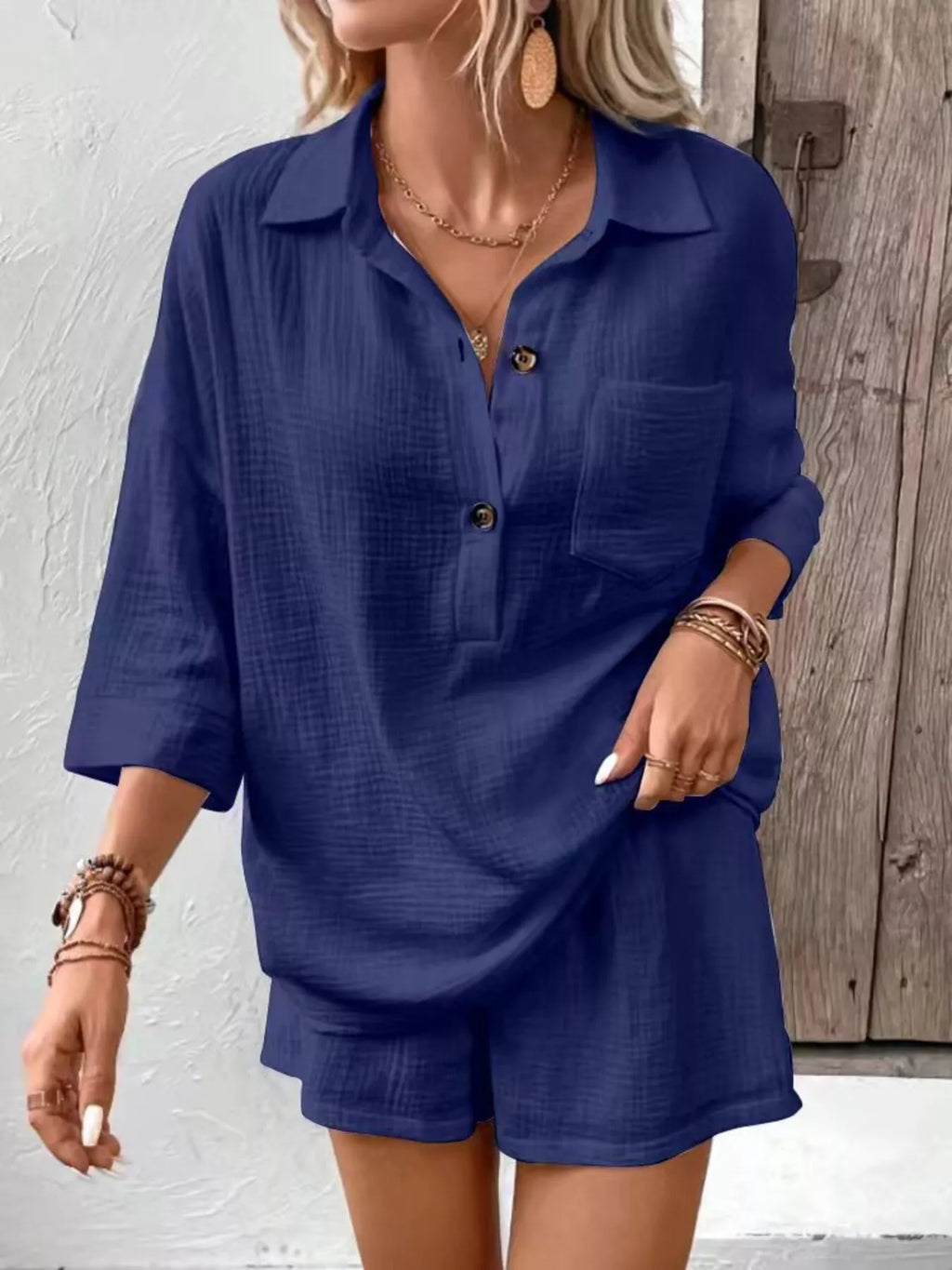Button Detail Top Shorts Set (15)