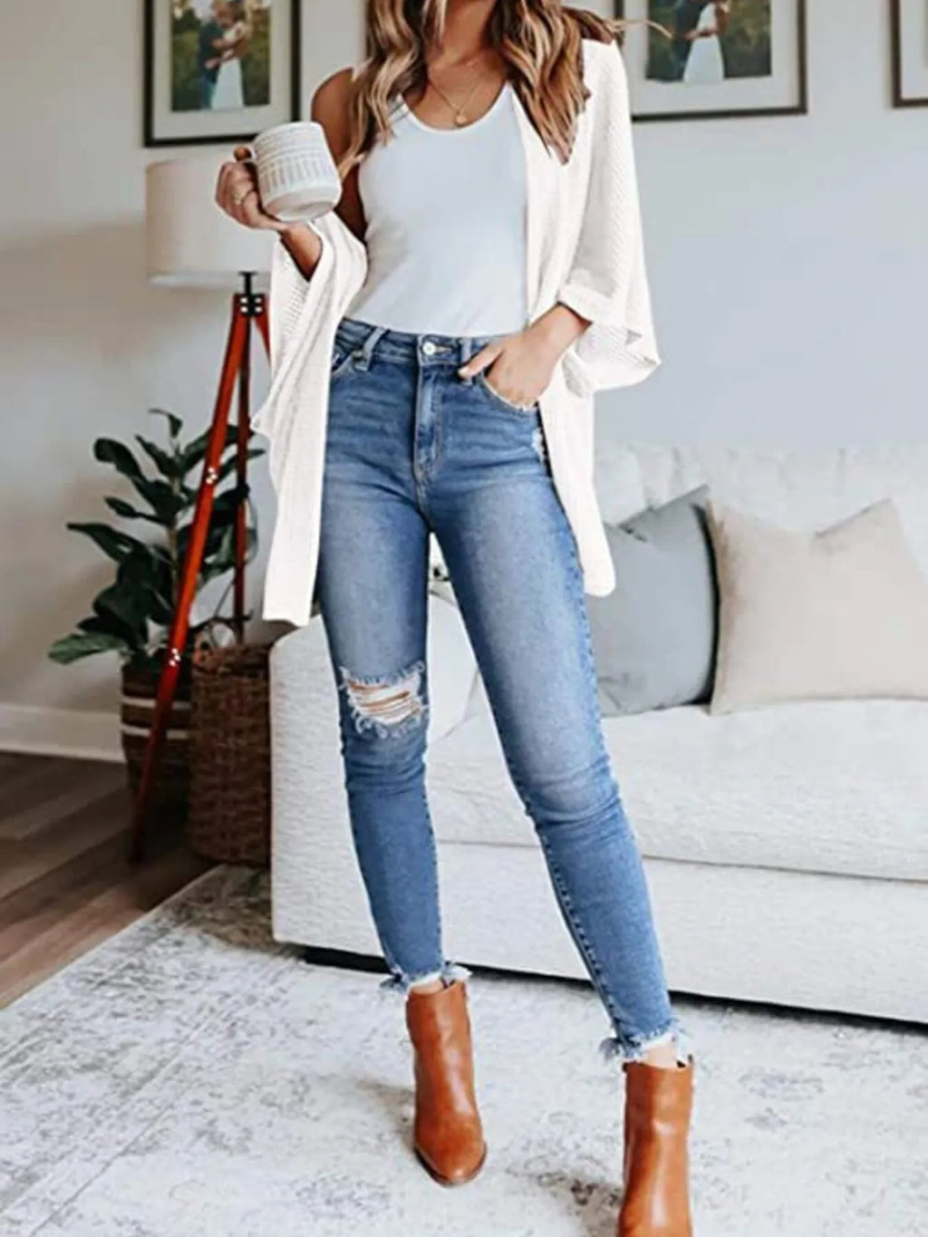 Full Size Open Front Waffle Knit Cardigan Plus (40)