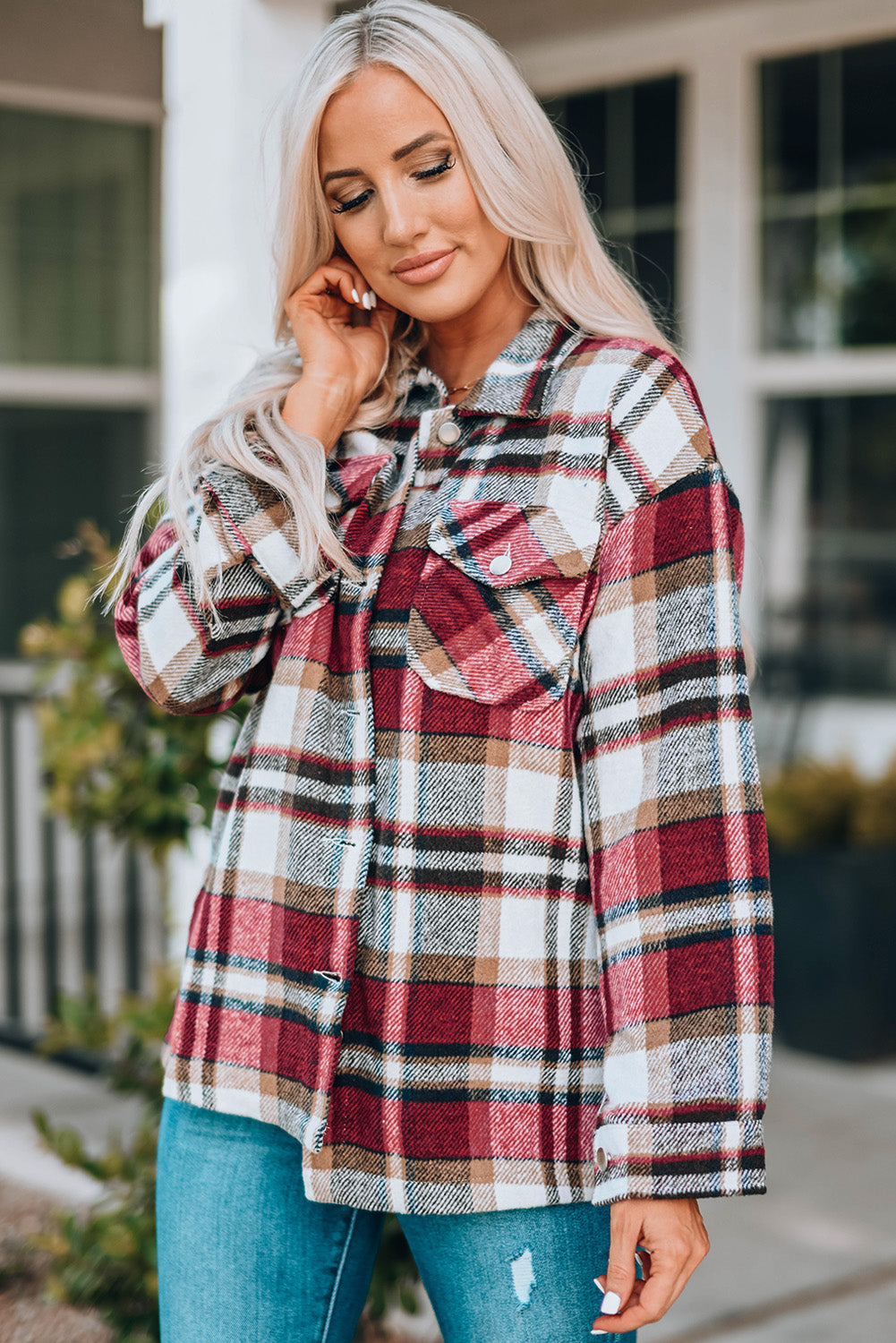 Plaid Button Front Shirt Jacket Breast Pockets (15)