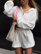 Zip Up Crop Hoodie Shorts Set (18)