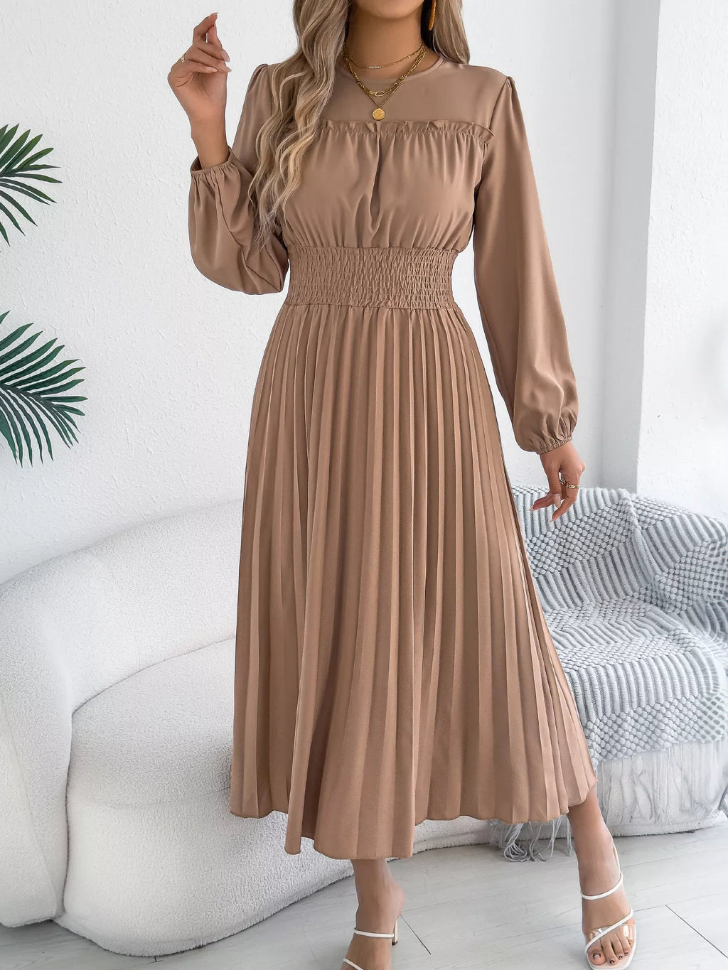 Smocked Pleated Long Sleeve Midi Dress (2)
