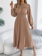 Smocked Pleated Long Sleeve Midi Dress (2)