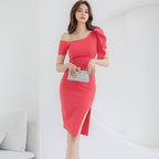 Slanted Collar Irregular Midi Dress variant CJLY155122701AZ|CJLY155122702BY|CJLY155122703CX|CJLY155122704DW