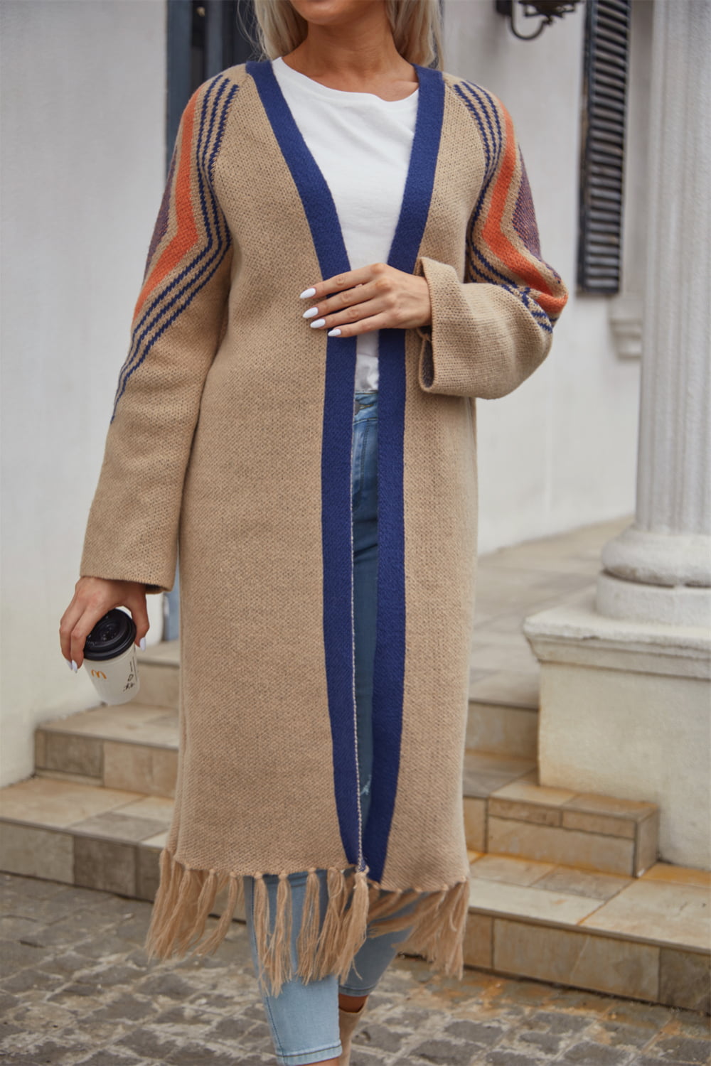 Geometric Fringe Hem Open Front Duster Cardigan (8)