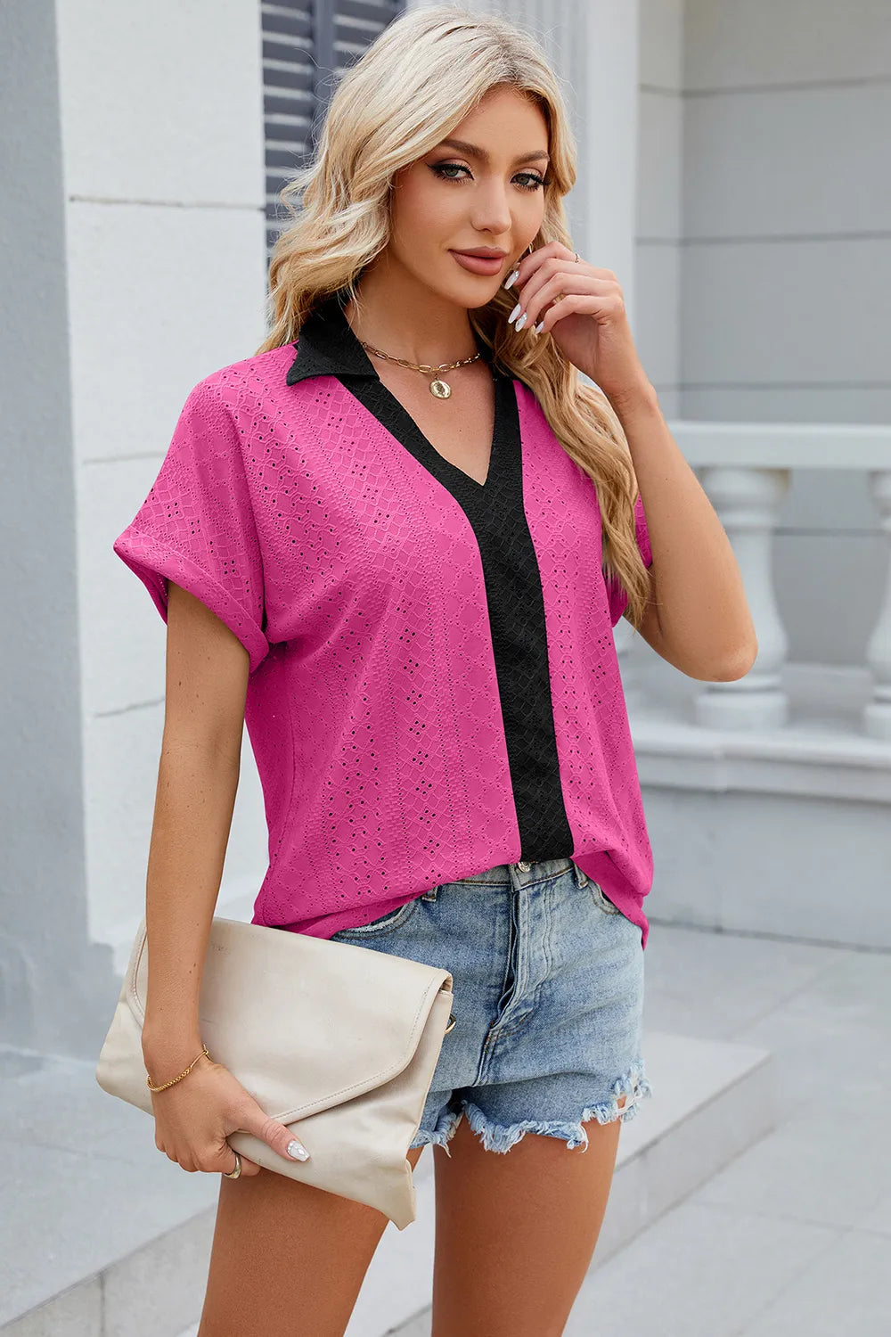 Eyelet Johnny Collar Short Sleeve T-shirt (7)