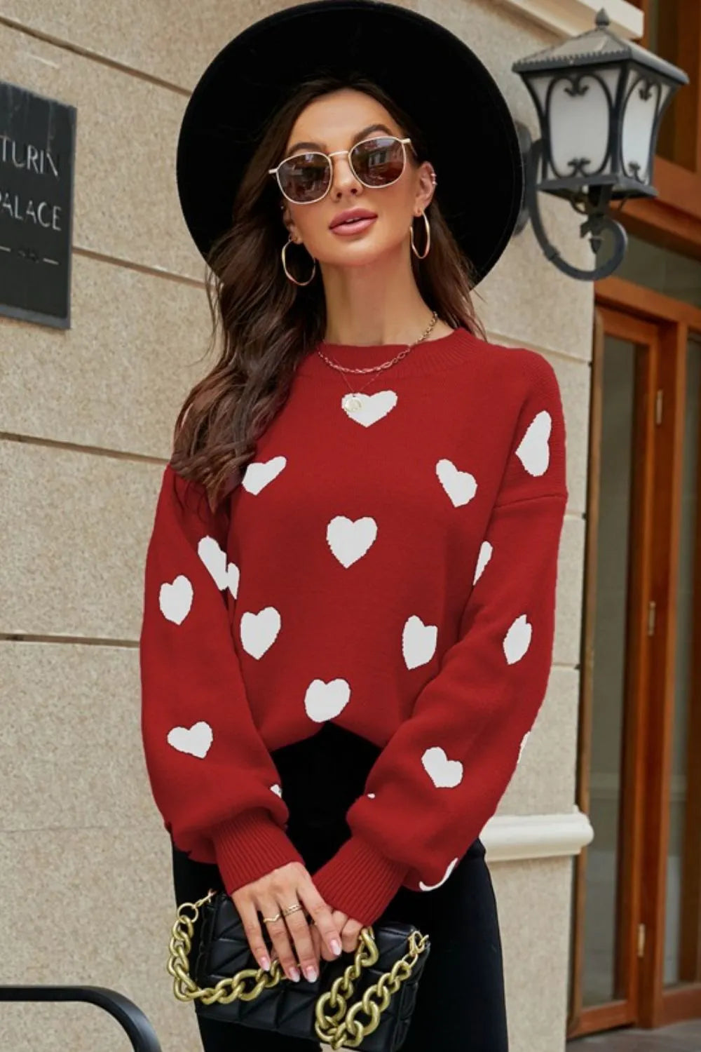 Heart Pattern Lantern Sleeve Round Neck Tunic Sweater (17)