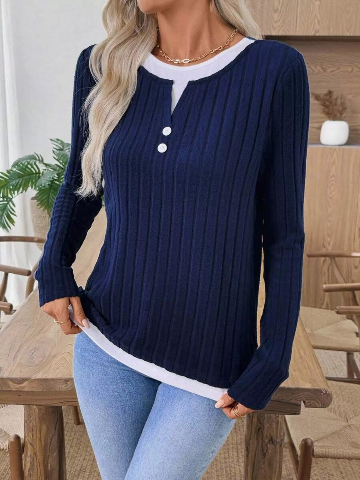 Ribbed Knit Button Detail Contrast Sweater (11)