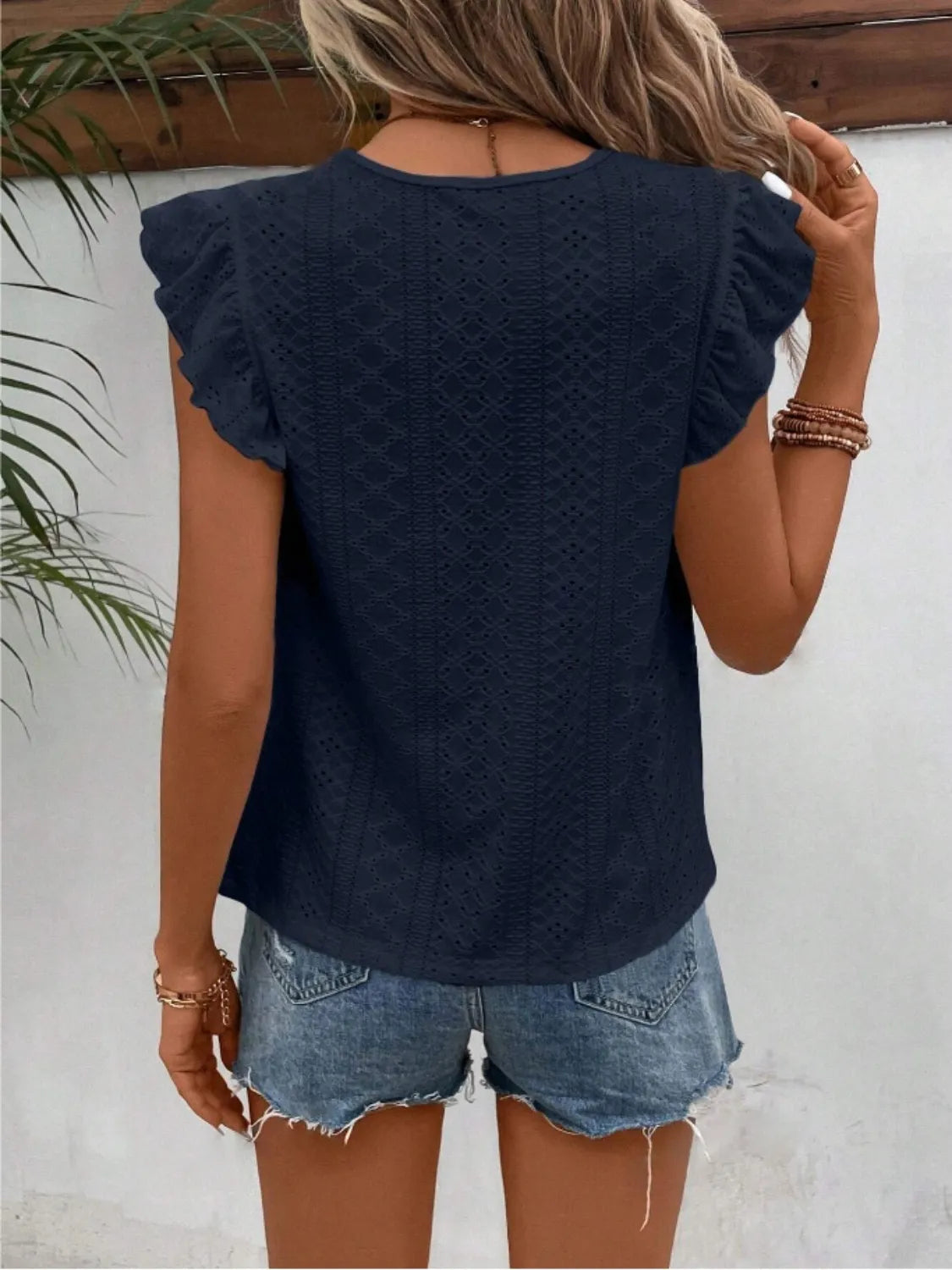 Eyelet Round Neck Cap Sleeve Top (20)